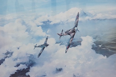 After Robert Taylor (b.1946), two colour prints comprising, ‘Duel of the Eagles’, signed by Douglas Bader and Adolf Galland, and ‘Spitfire’, first edition print signed by Douglas Bader and Air Vice Marshall Johnnie Johns